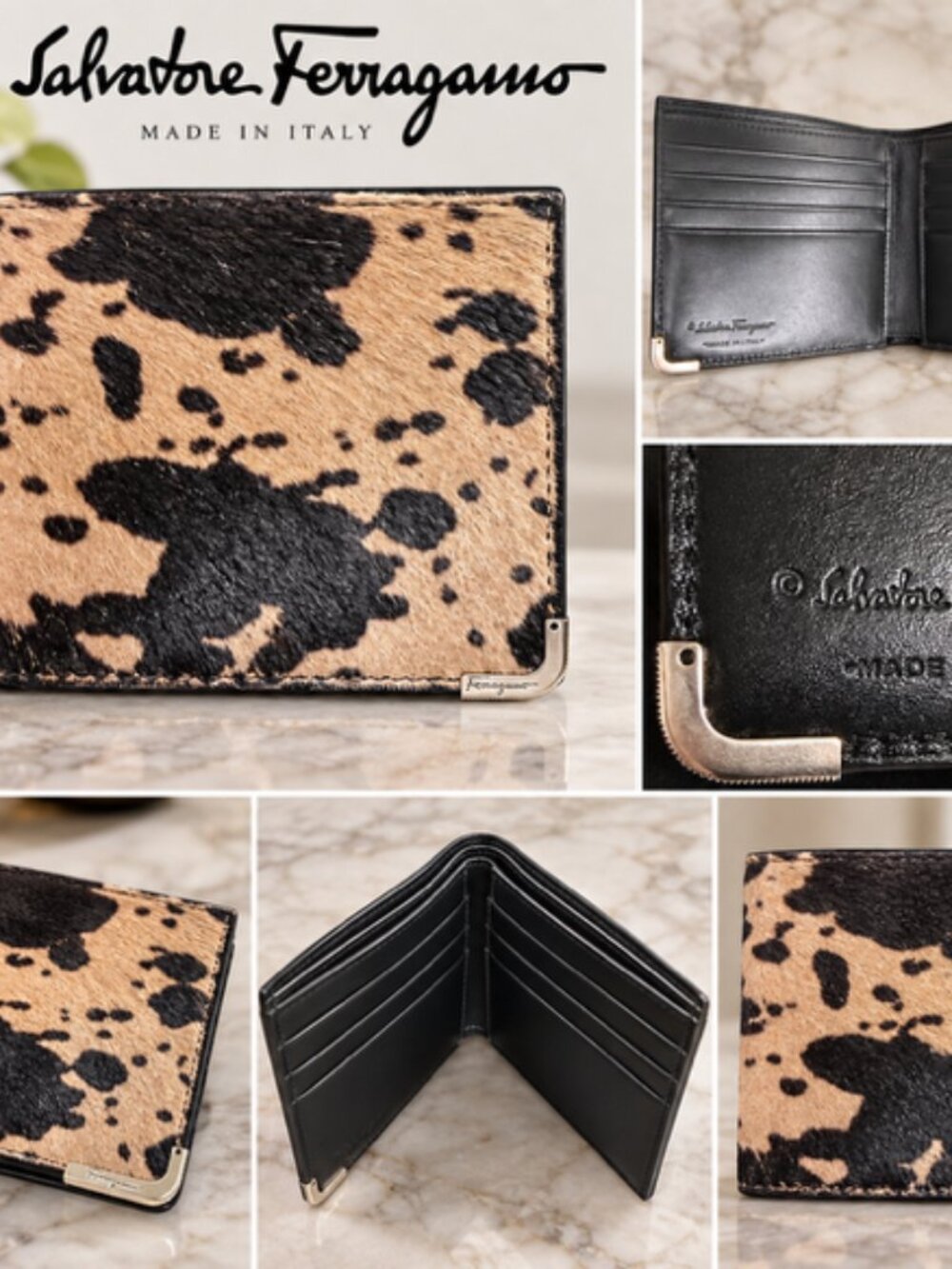 Salvatore Ferragamo Men’s Animal Print Hair Bifold Wallet Italy New No Box - Picture 2 of 6